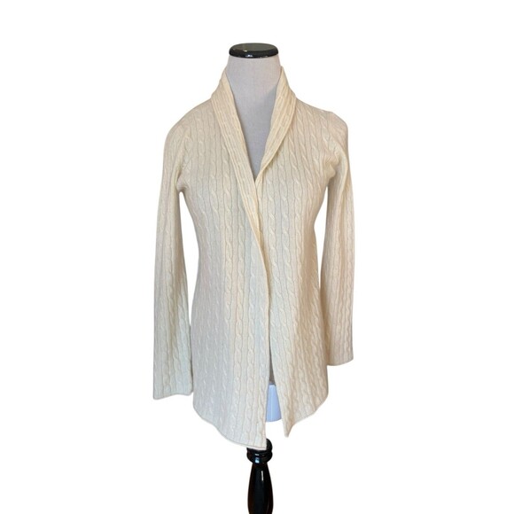 Womens 100% Cashmere Cable Knit Open Cardigan Sweater Size M Ivory Quiet Luxury - Picture 1 of 10